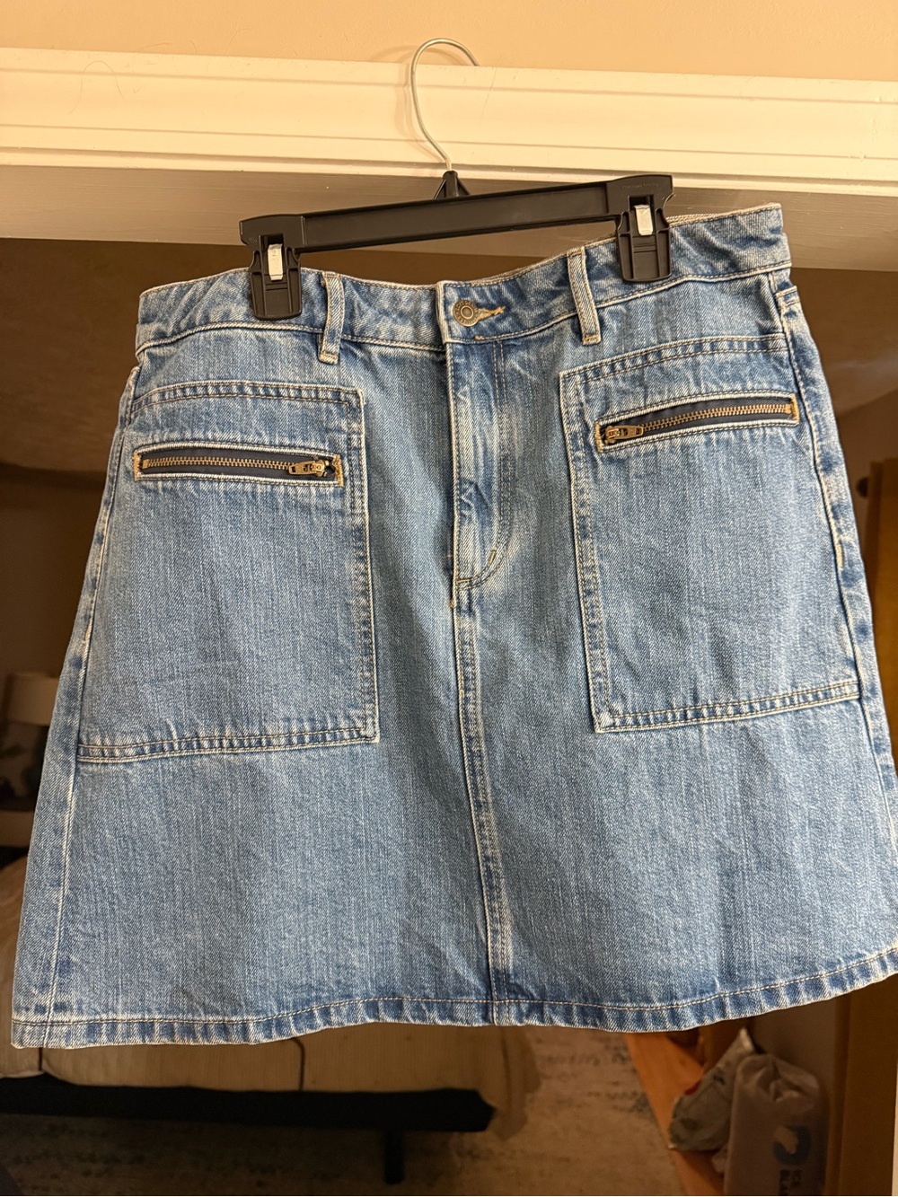 LOFT Light Blue Denim Mini Skirt with Front Zip Pockets